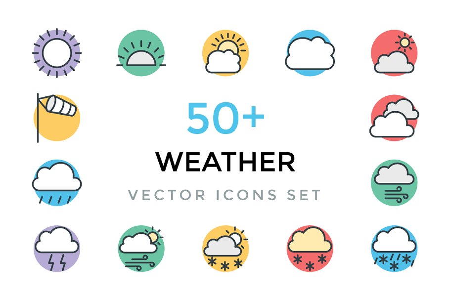 50+天气主题矢量彩色图标 50+ Weather Vector Icons插图