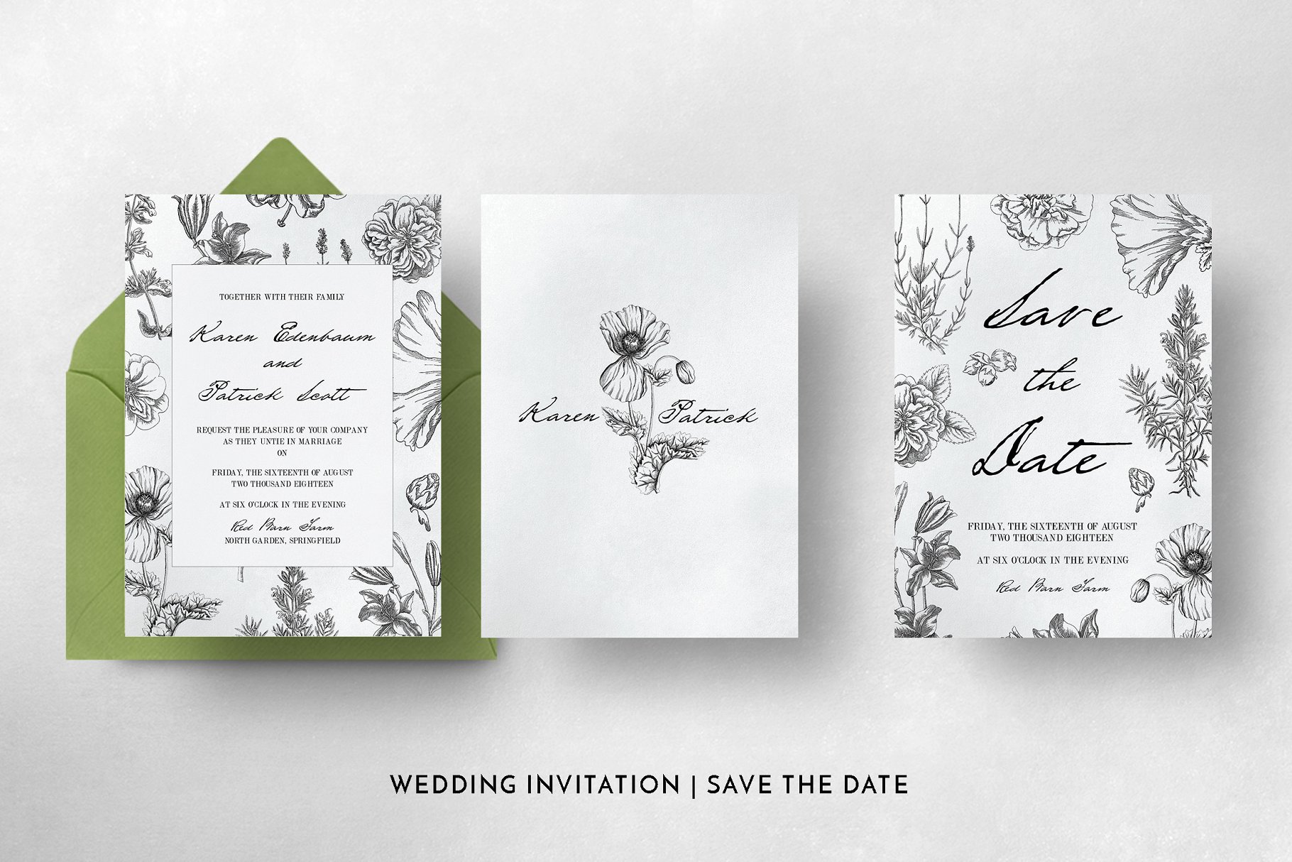 植物装饰婚礼邀请函邀请卡模板 Botanical Wedding Invitation Suite插图5