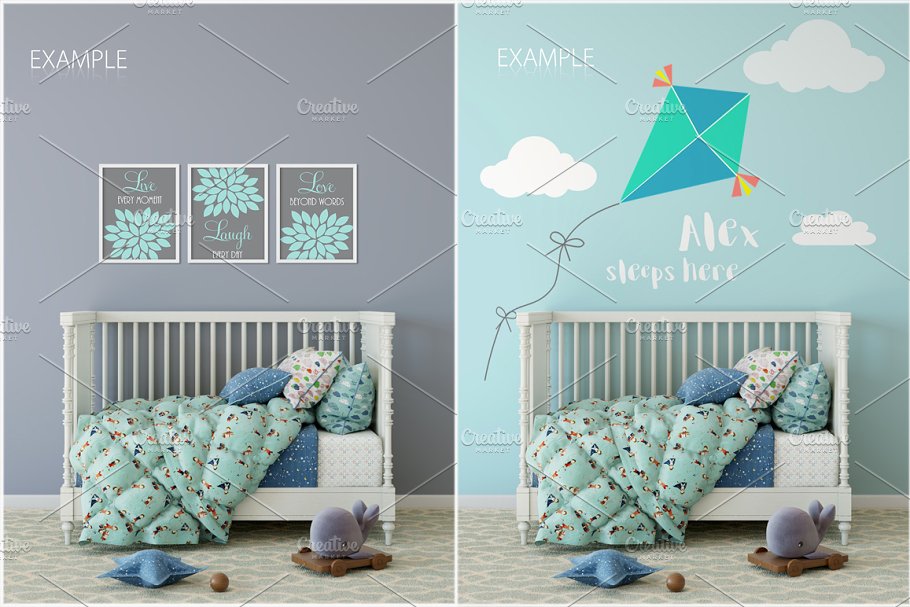 儿童主题室内墙纸设计展示和相框画框样机 Kids Interior Wall & Frames Mockup 1插图(12)