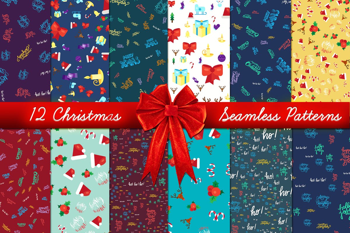 12款圣诞节气氛无缝图案设计素材 Xmas Seamless Patterns Set插图