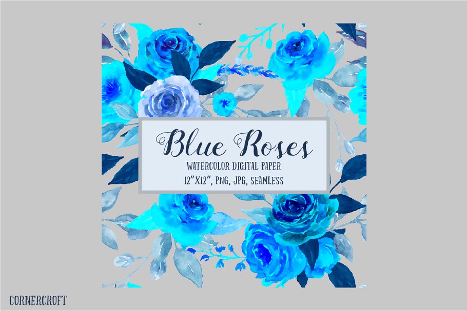 蓝色水彩玫瑰插画图案纸张纹理 Digital Paper Watercolor Blue Rose插图2