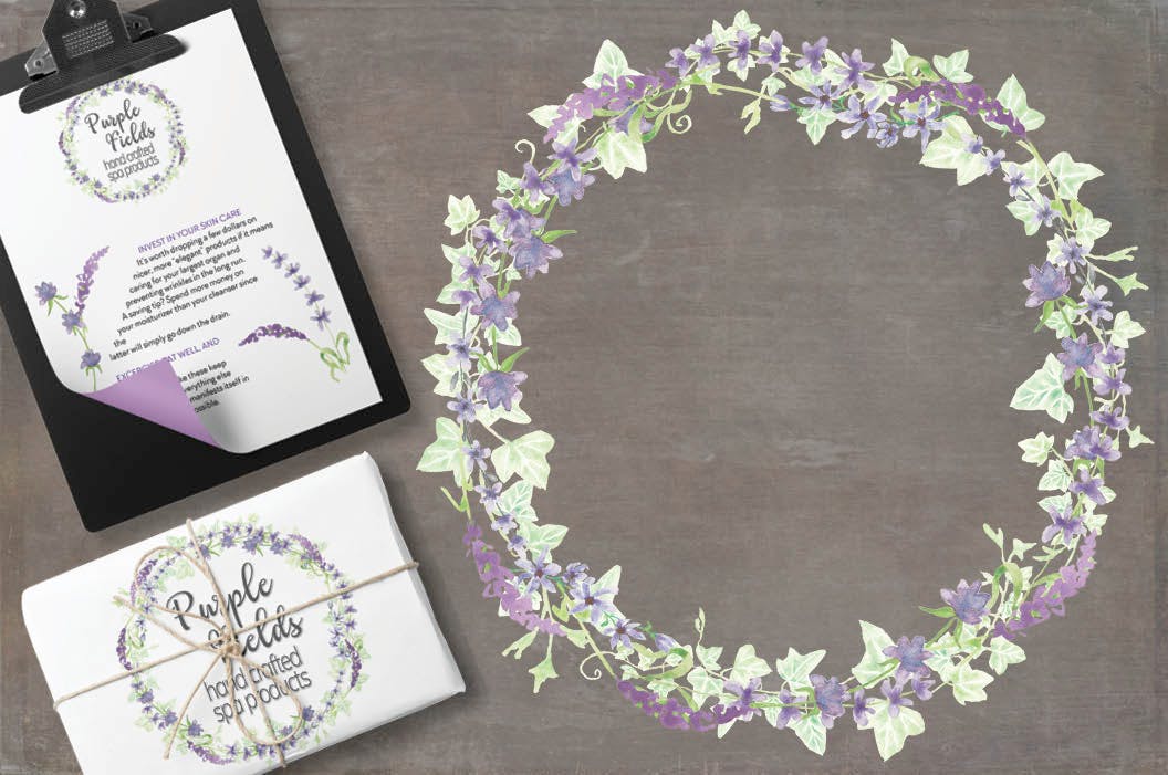 紫色水彩手绘花环图案PNG素材 Trio of Watercolor Floral Wreaths in Purple Shades插图3