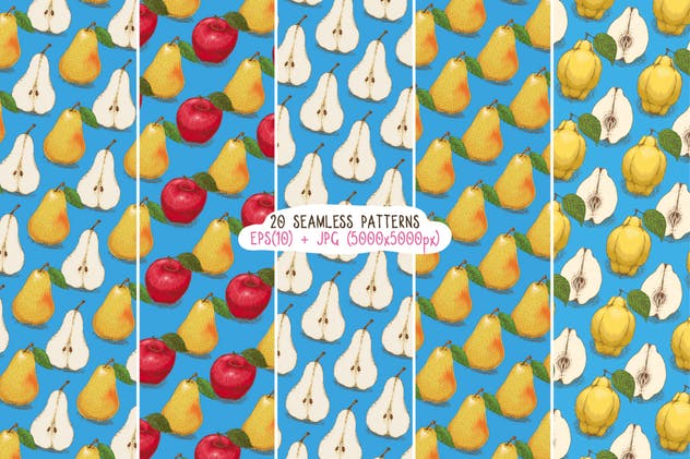 20款手绘水果图案无缝纹理第三波 Fruits Seamless Patterns Set插图(1)
