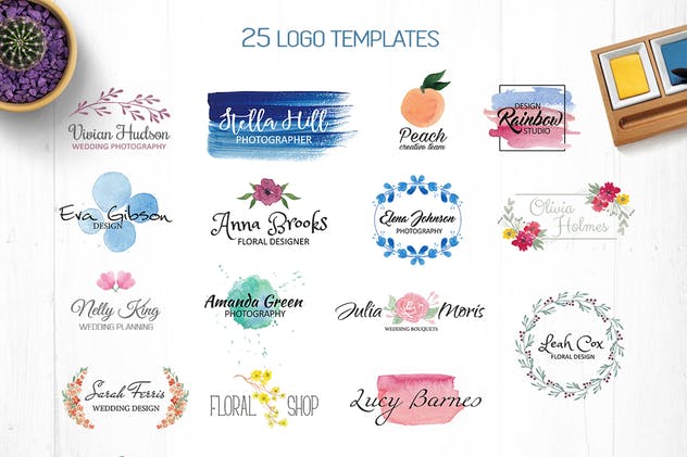 优雅水彩花卉品牌Logo徽标模板Vol.2 Watercolor Logo Templates Vol.2插图(1)