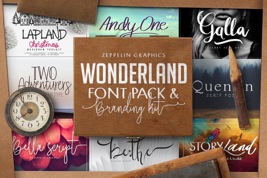 13款手写英文字体合集&Logo模板、矢量插画 Wonderland Fonts Pack & Branding Kit插图