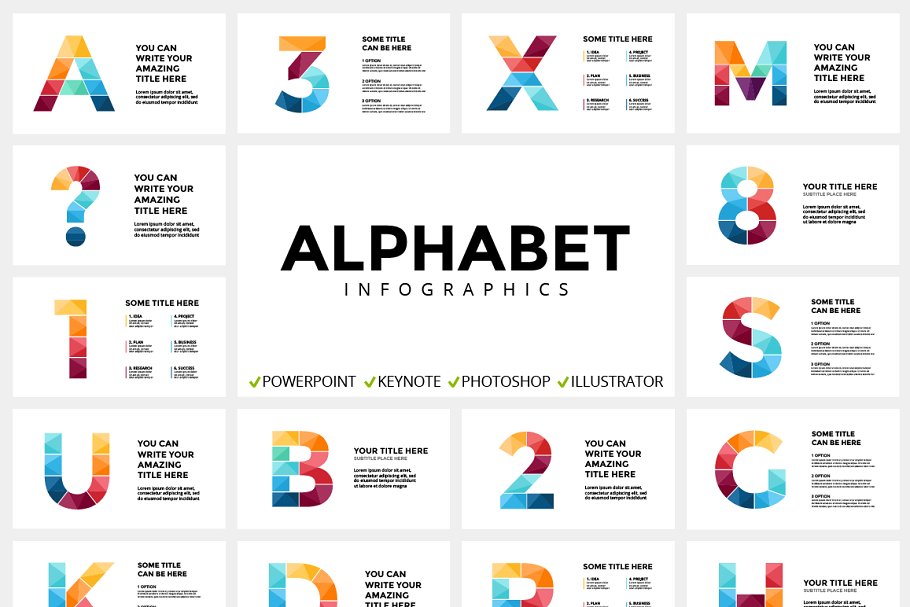 字母数字信息图表类型幻灯片设计模板[PPT, PPTX, KEY, PSD, EPS, AI] ALPHABET – Infographic Slides插图