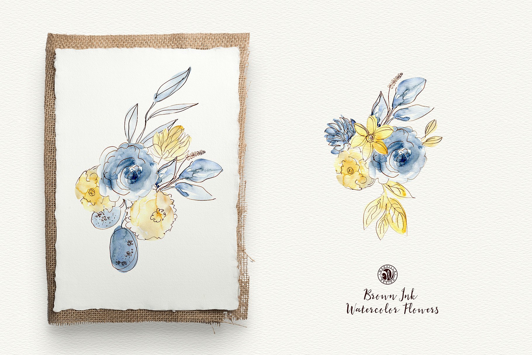 棕色油墨手绘水彩花卉元素 Brown Ink Watercolor Flowers插图4