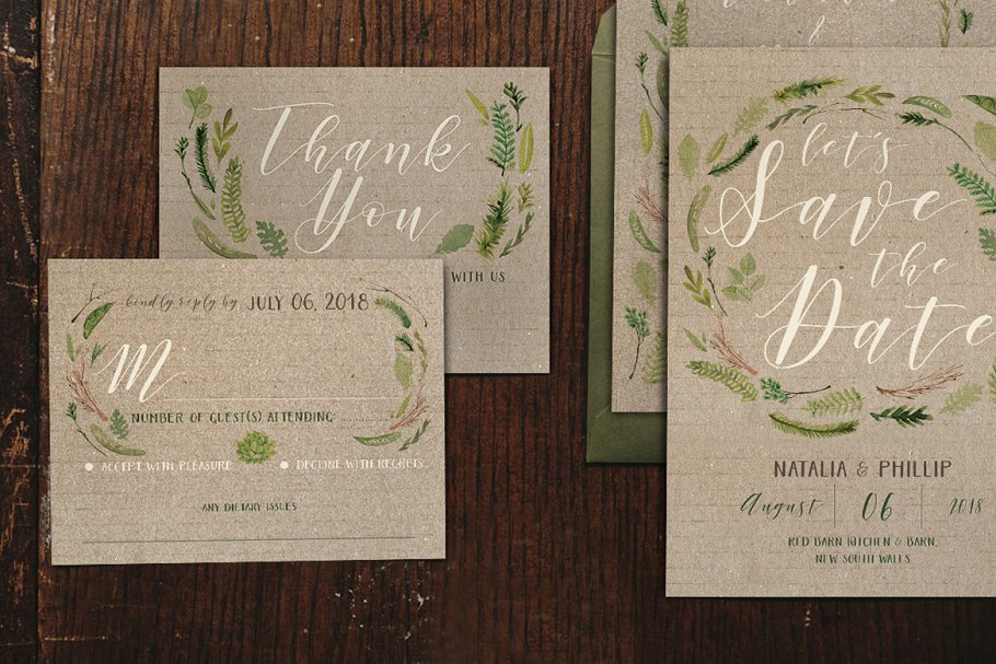 水彩叶子婚礼设计物料模板套装 Watercolor Foliage Wedding Suite插图1