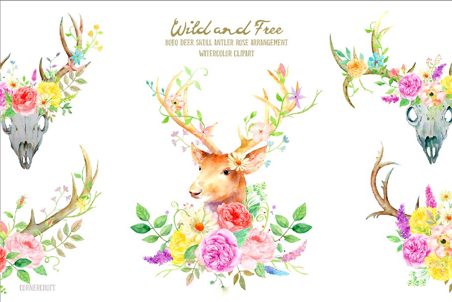 鹿与玫瑰水彩剪贴画 Watercolor Deer and Rose插图(1)
