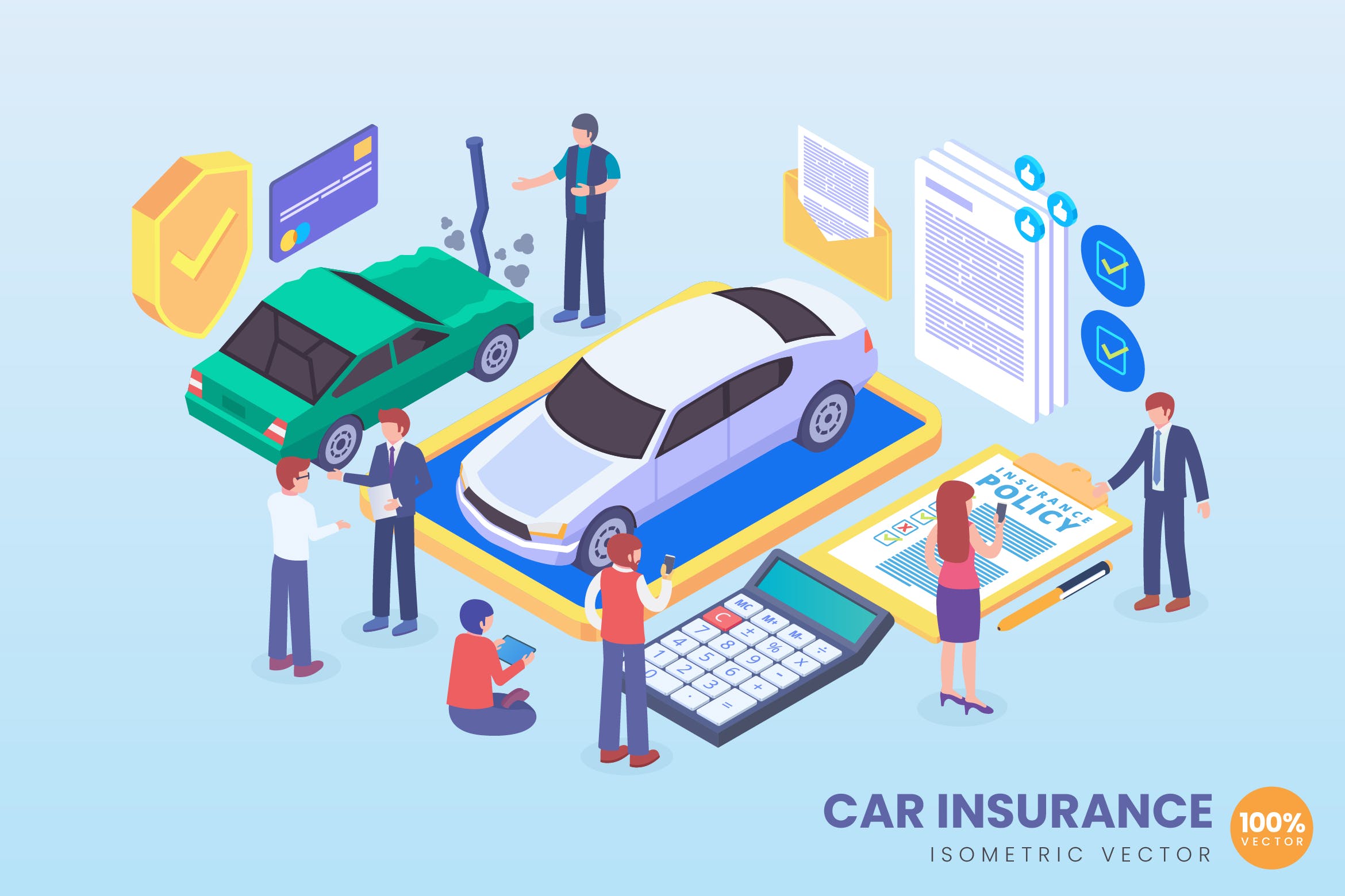 智能车险服务场景2.5D等距概念矢量插画 Isometric Car Insurance Vector Concept插图