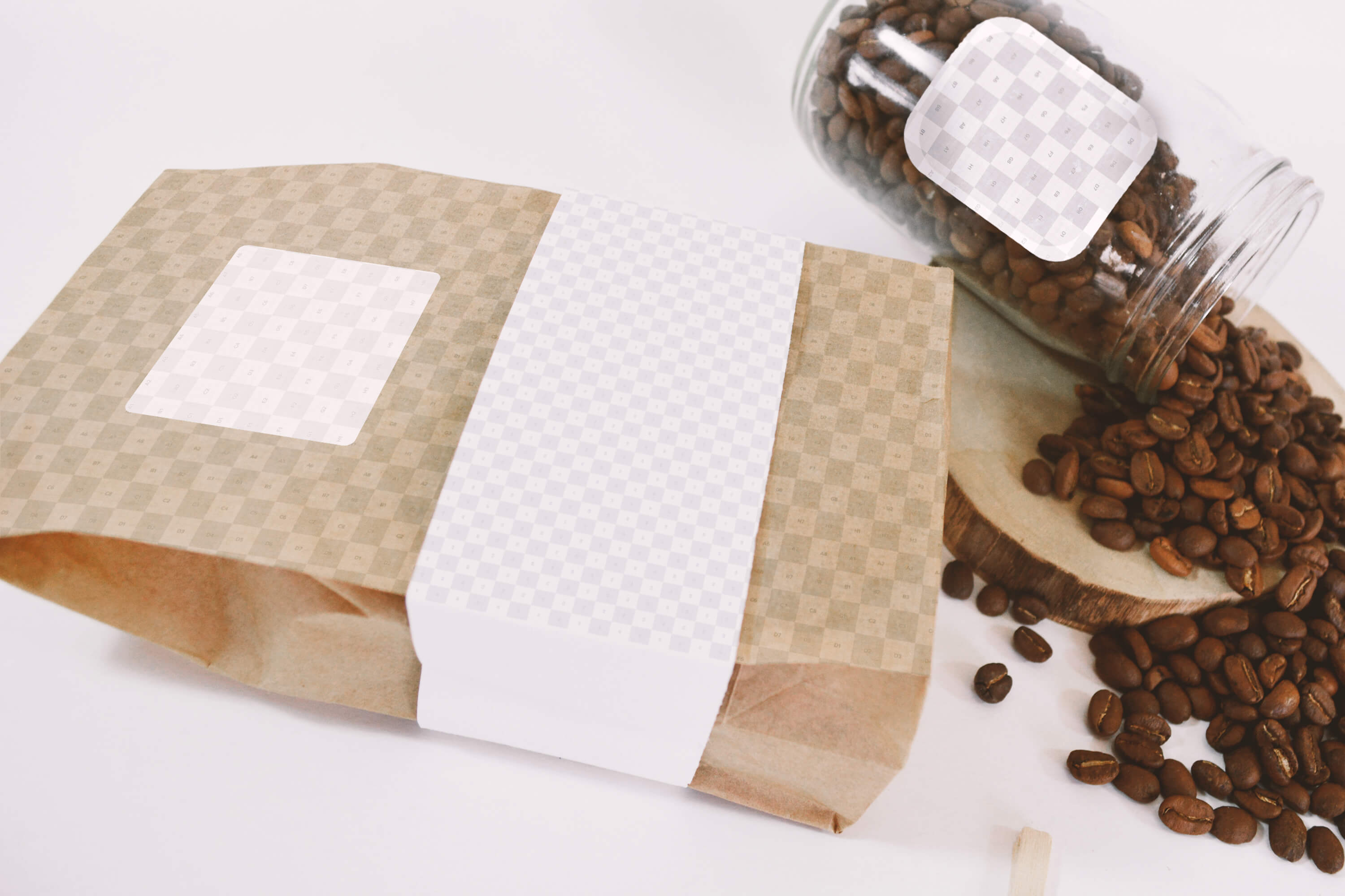 咖啡豆纸袋包装和玻璃瓶样机俯视图样机 Coffee Bag and Glass Jar Mockup – Perspective Top View插图(1)