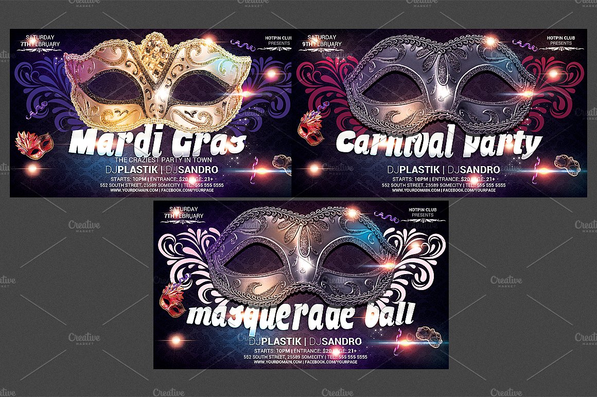 嘉年华狂欢节派对传单模板 Carnival-Mardi Gras Party Flyer Temp插图
