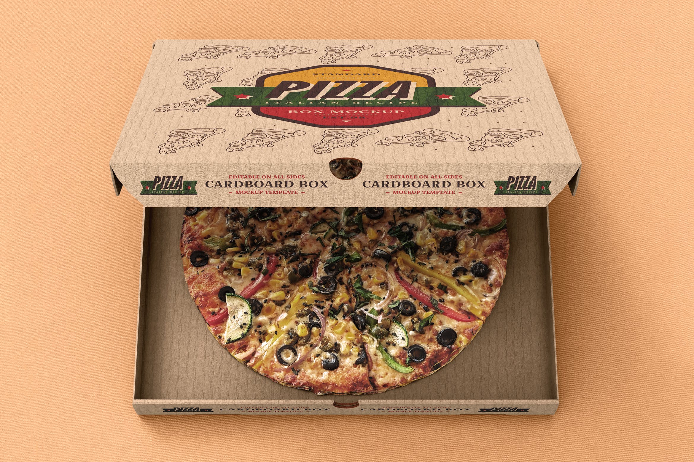 披萨牛皮包装盒设计效果图样机模板 Pizza Box Mock-Up Template插图