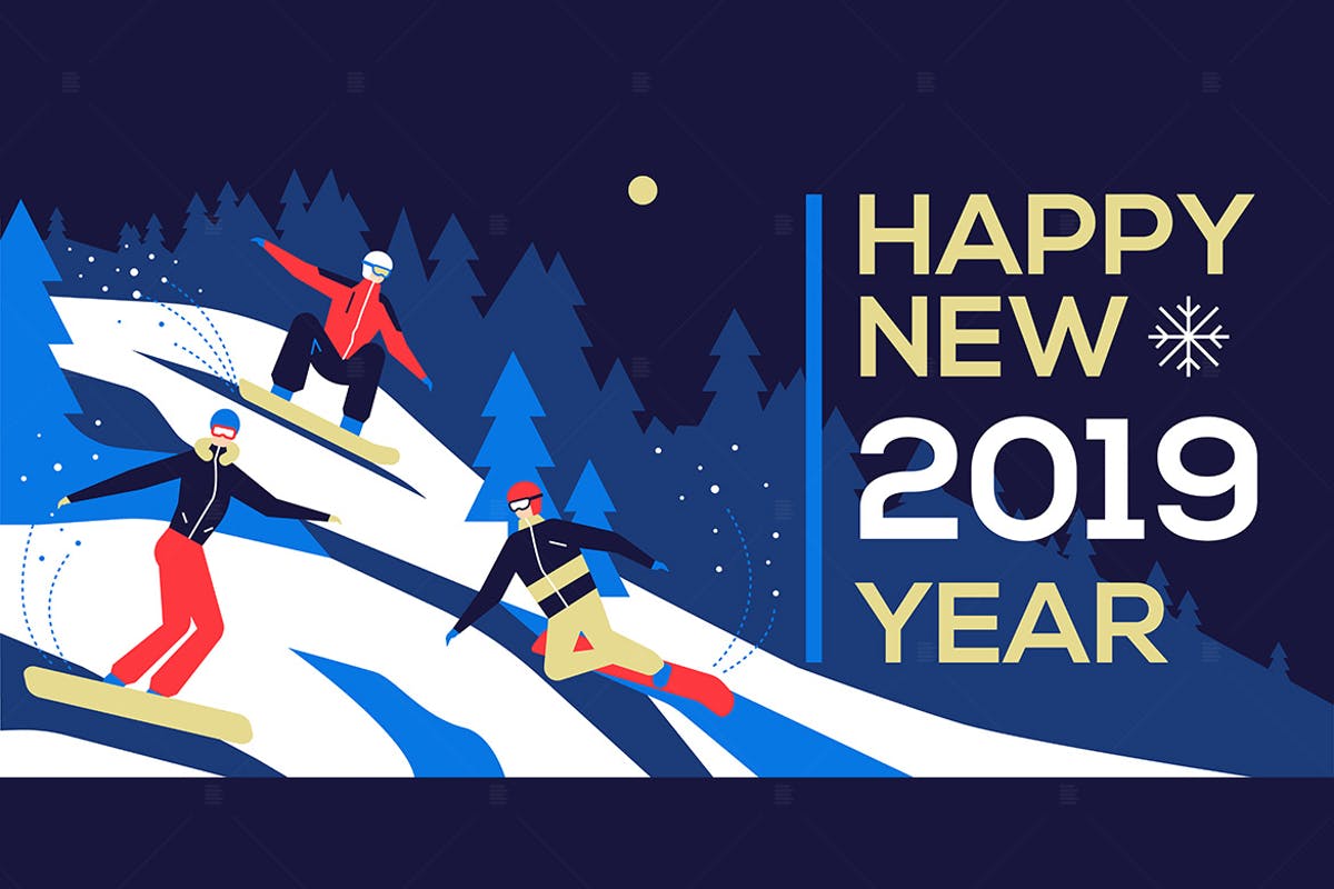新年主题滑雪场景扁平设计插画素材 Happy new year 2019 – flat design illustration插图