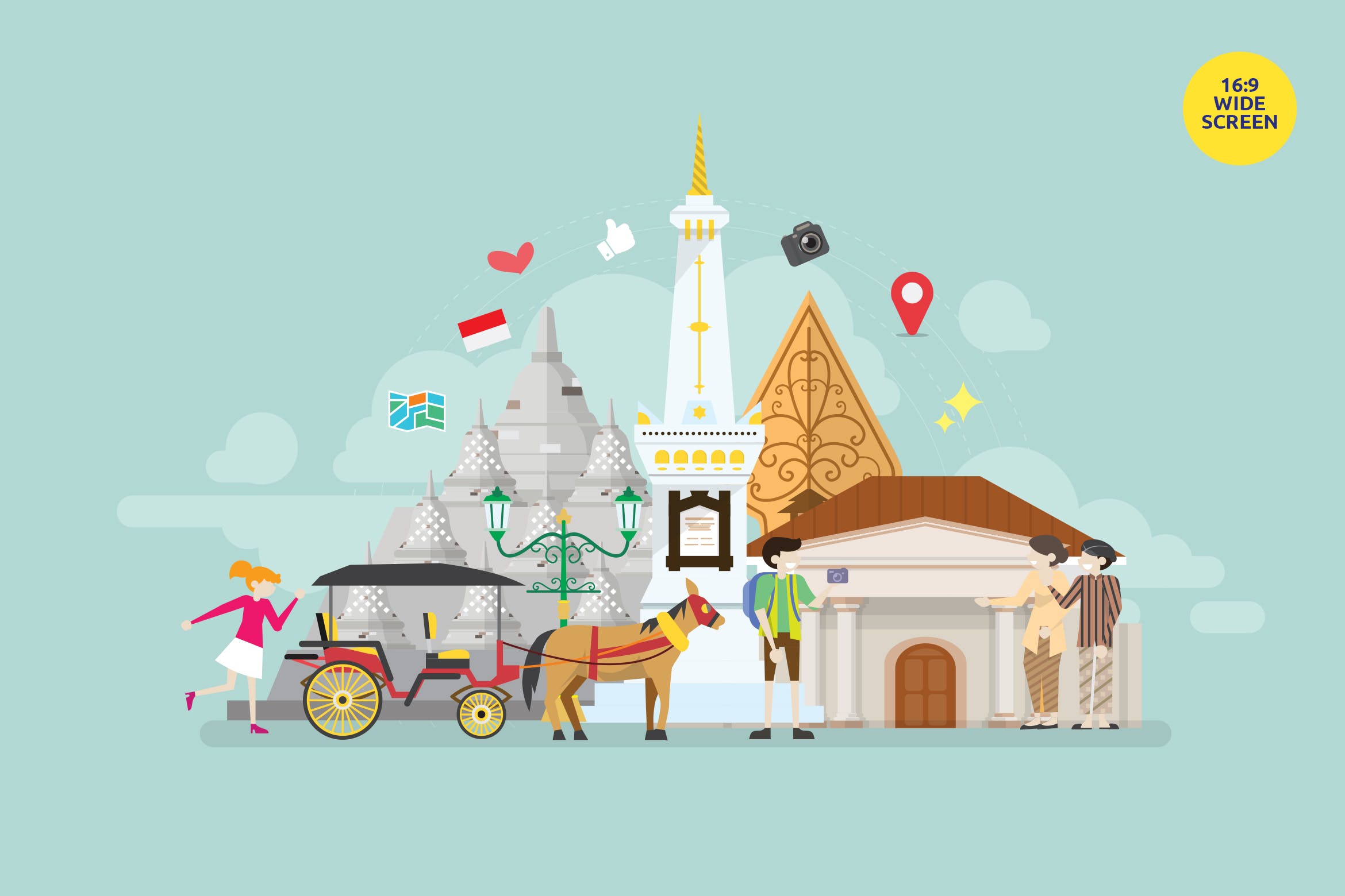 印尼爪哇日惹旅游主题矢量概念插画 Yogyakarta Central Java Tourism Vector Concept插图