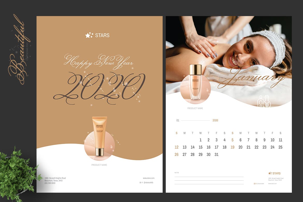 2020年美容行业定制竖版活页台历设计模板 2020 Clean Creative Beauty Calender Pro插图1