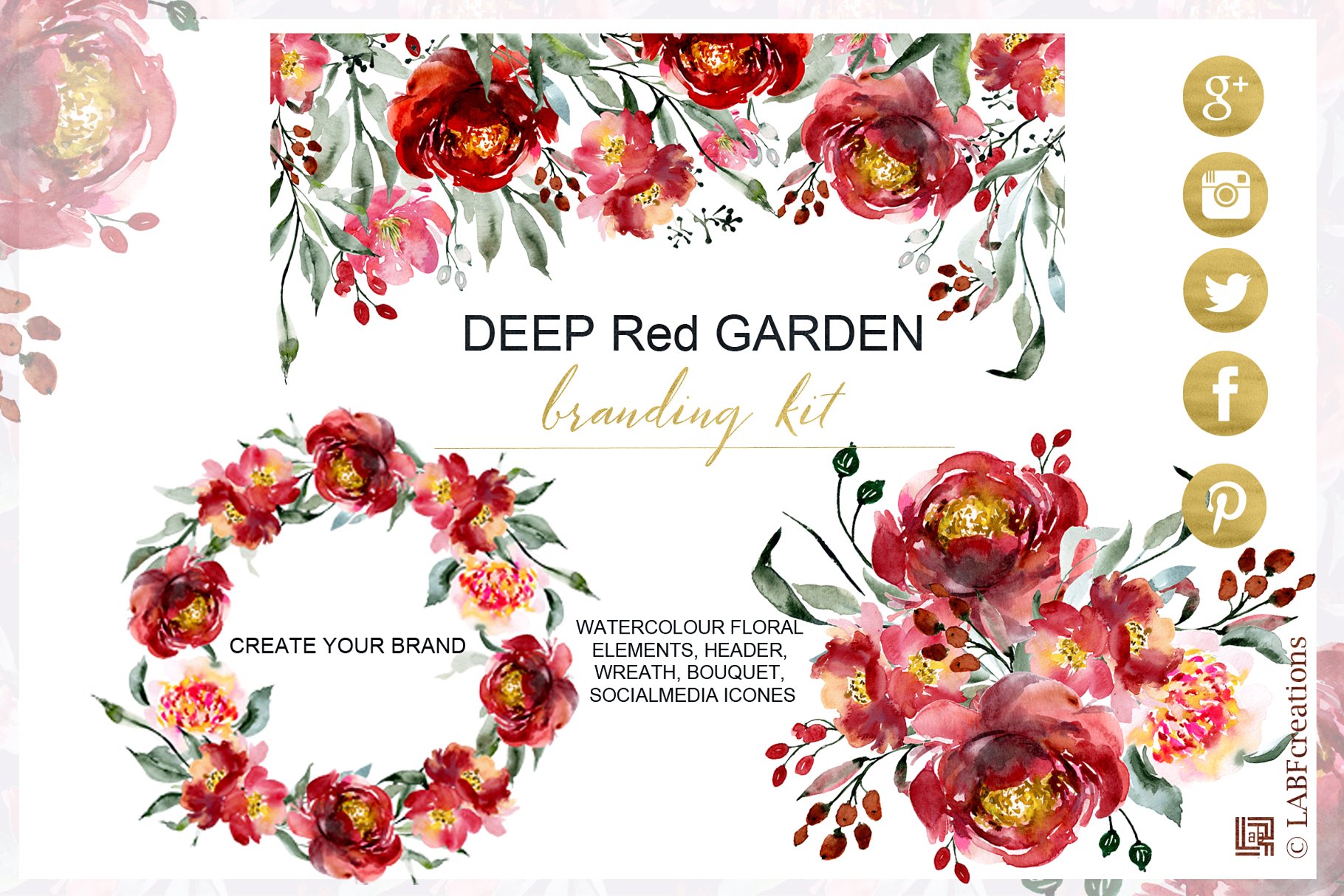 深红色水彩花卉元素 Deep red garden. Branding kit.插图(1)