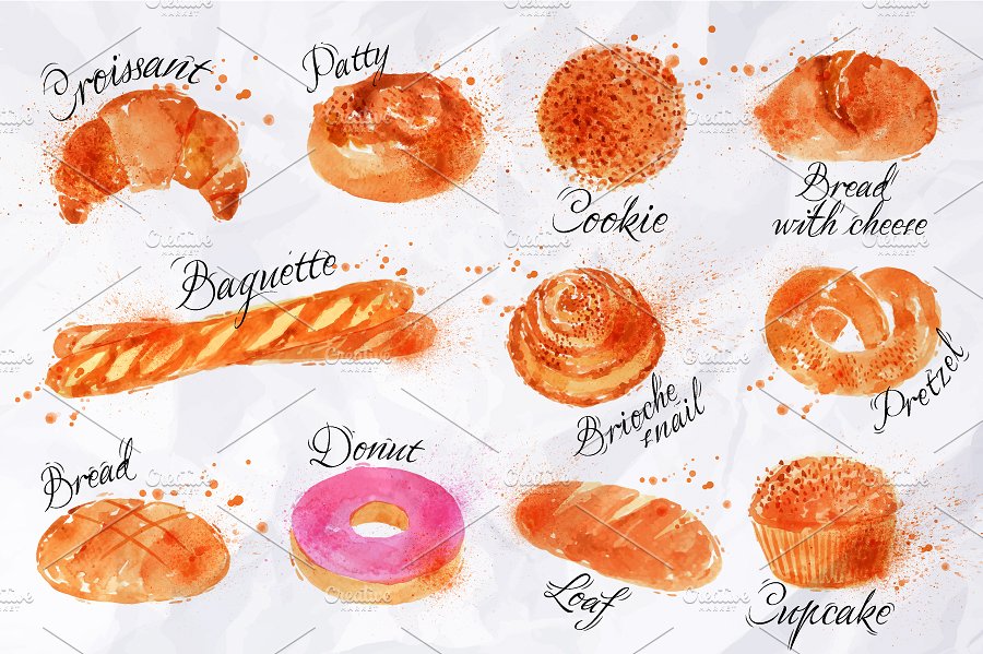 手绘水彩烘焙面包剪贴画合集 Bread products watercolor插图(3)
