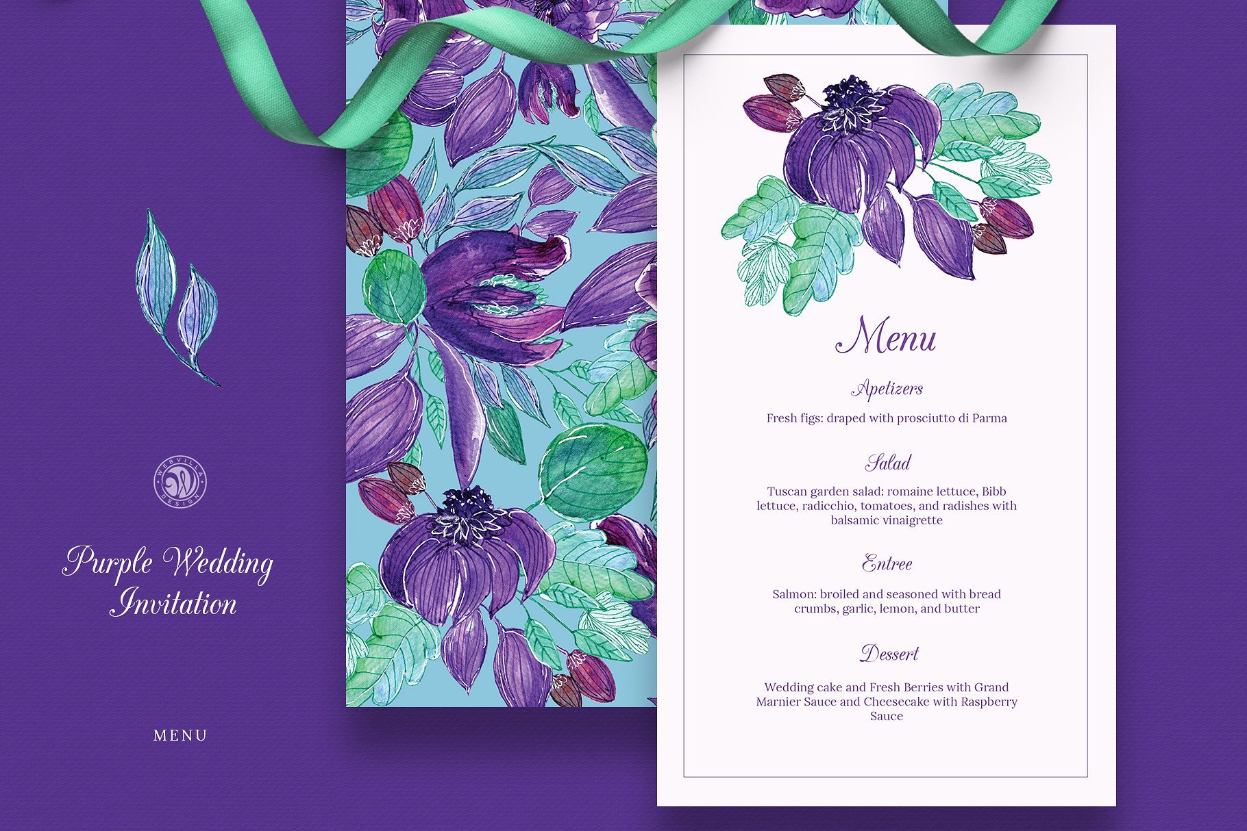 紫色花卉婚礼邀请函设计模板 Purple Wedding Invitation Set插图(2)