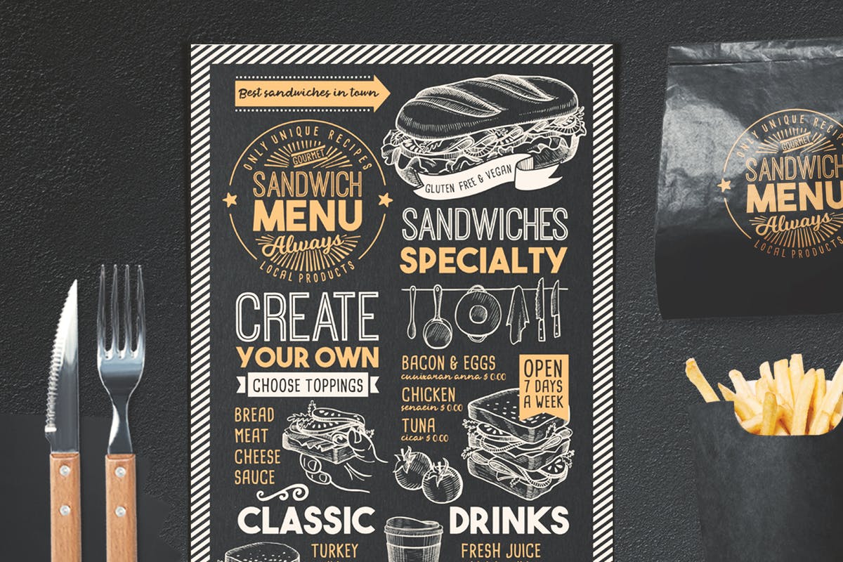 黑板画粉笔画设计风格三明治菜单PSD设计模板 Sandwich Food Menu插图