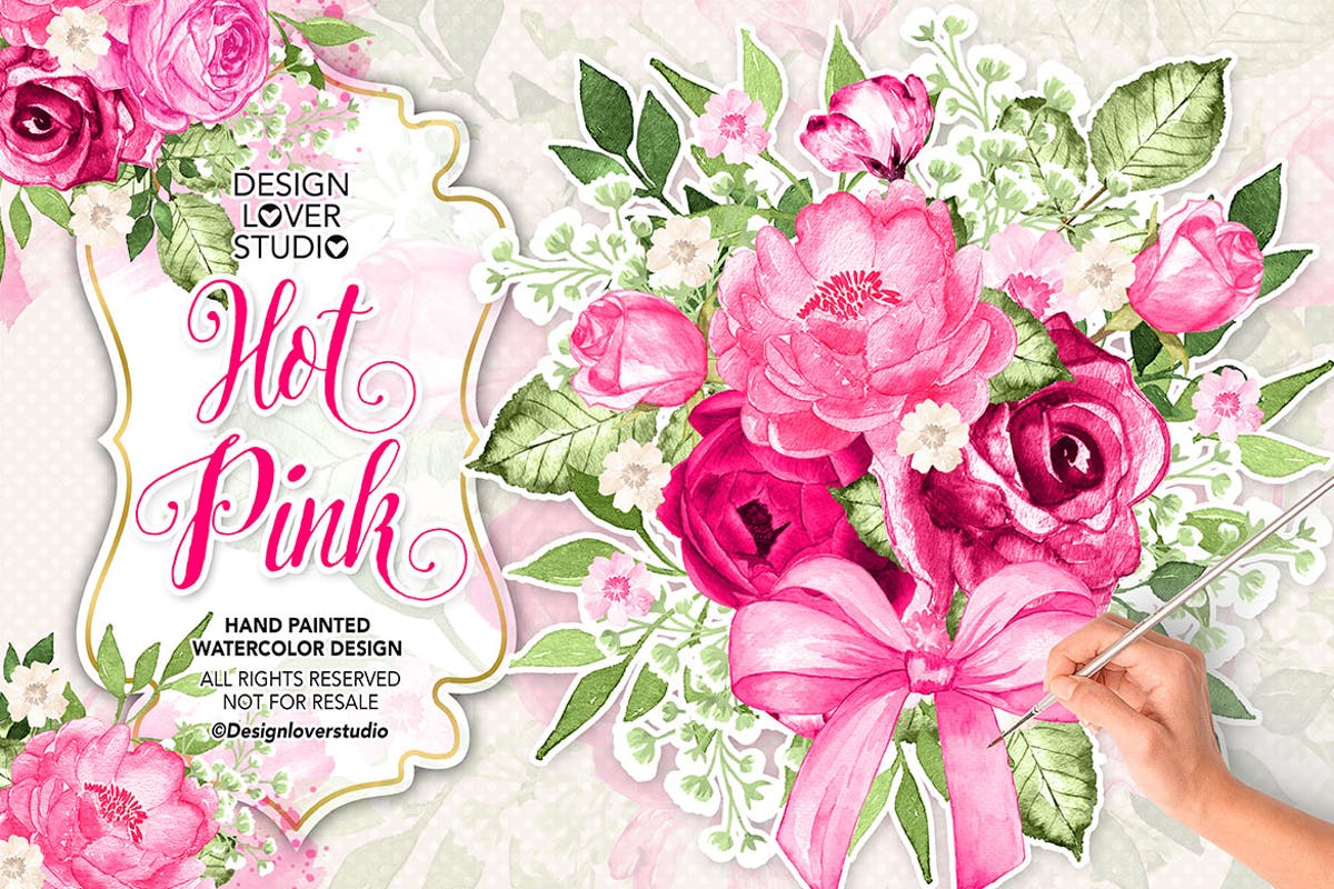 粉红色水彩花卉剪贴画设计 Watercolor HOT PINK design插图