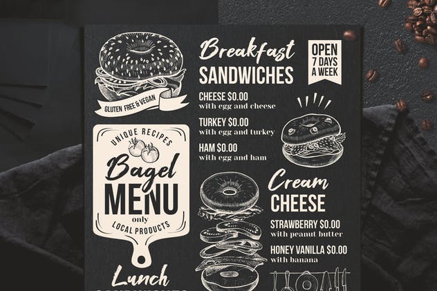百吉饼三明治西式快餐食品菜单模板 Bagel Sandwich Menu插图(2)