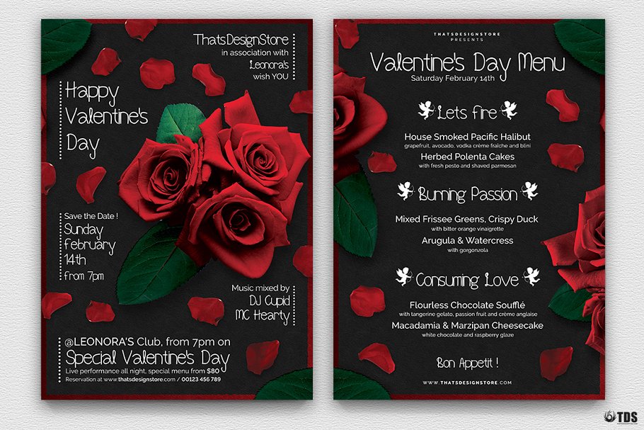 情人节主题菜单PSD模板V2 Valentines Day Flyer+Menu PSD V2插图(1)