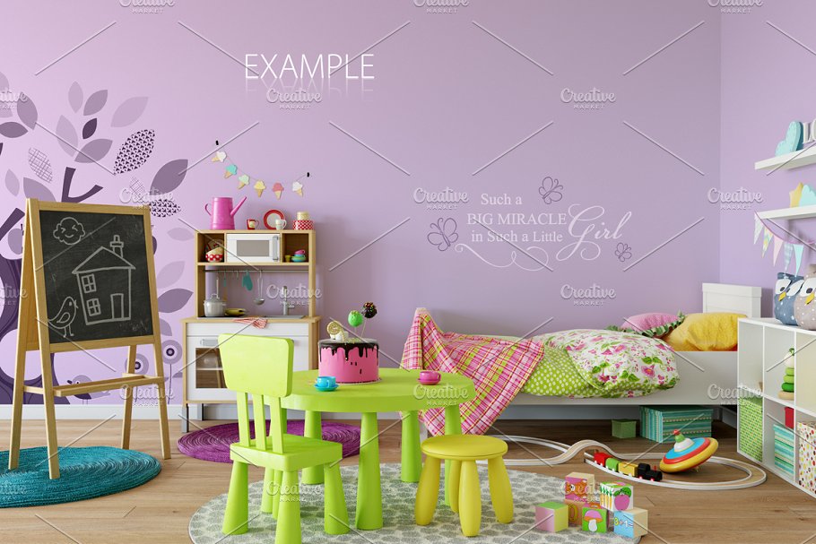 儿童主题室内墙纸设计展示和相框画框样机 Kids Interior Wall & Frames Mockup 1插图14