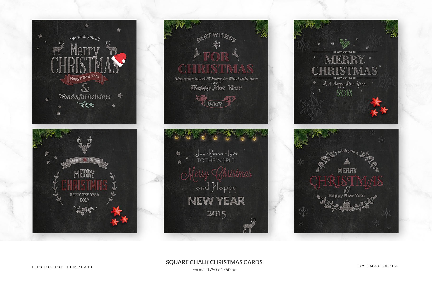 方形粉笔画圣诞贺卡模板 Square Chalk Christmas Cards插图