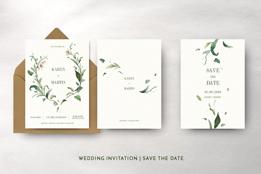 绿色婚礼邀请函设计模板 Green Foliage Wedding Suite插图(3)