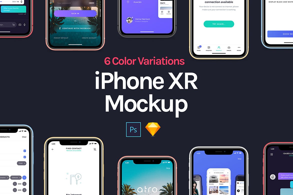 六色iPhone XR手机UI设计预览样机模板 iPhone XR Mockup插图(1)