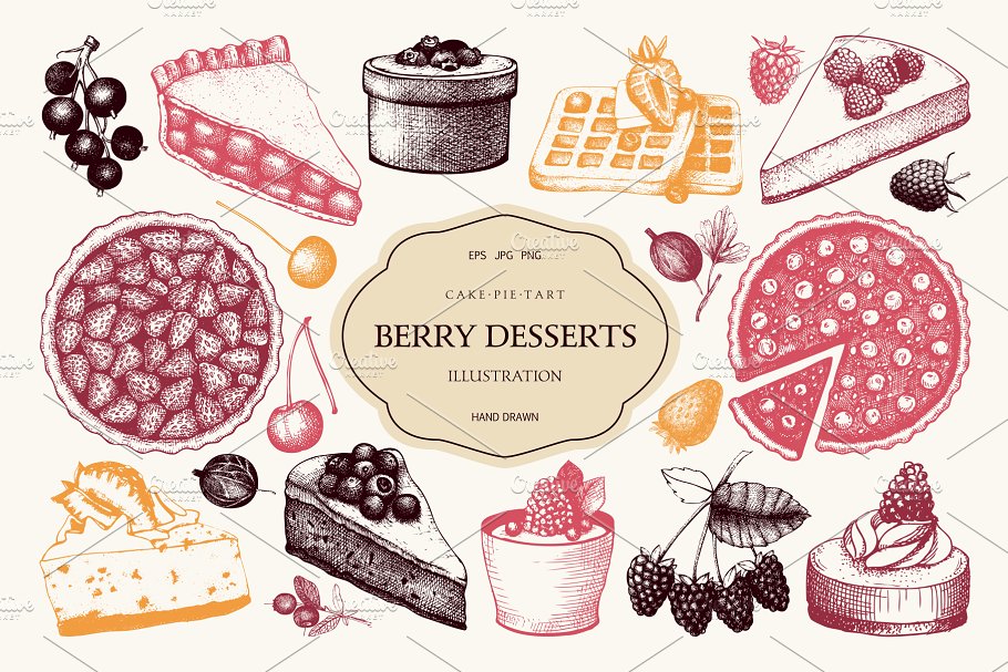 水果糕点及甜点插画设计套件 Fruit Pastries & Desserts Set插图4