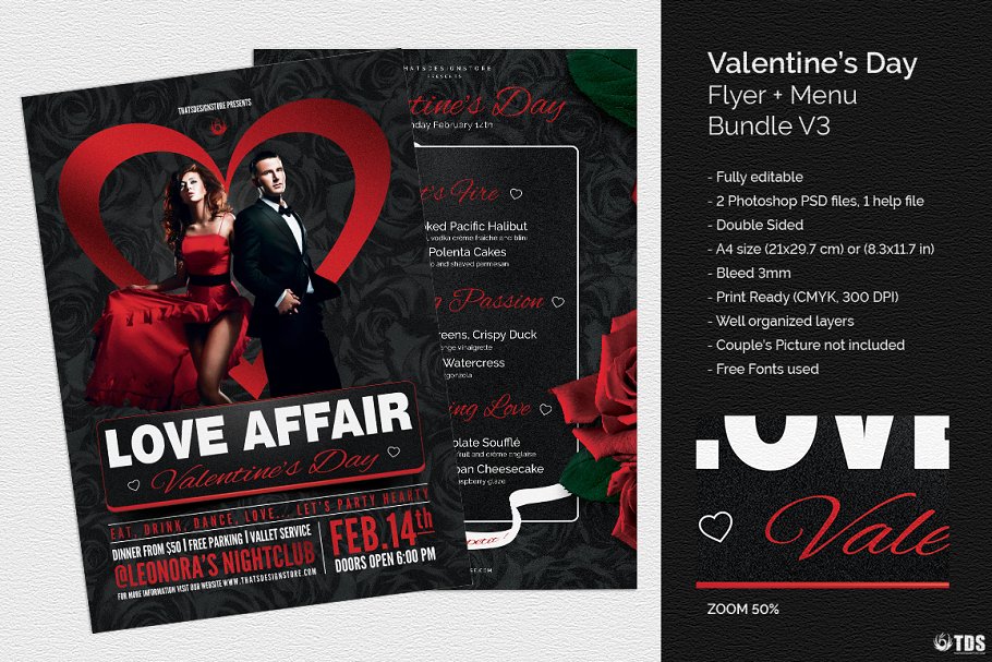 情人节主题传单模板v3 Valentines Day Flyer+Menu PSD V3插图1