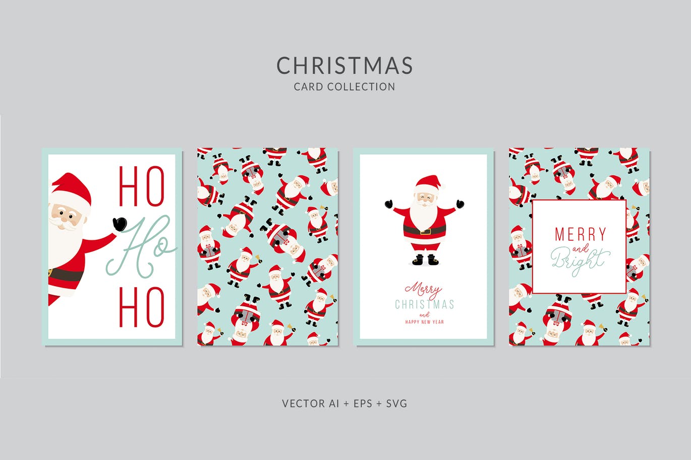 卡通圣诞老人背景圣诞节贺卡矢量设计模板 Christmas Greeting Card Vector Set插图