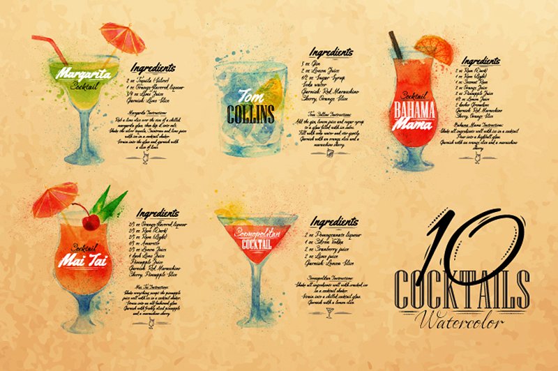 鸡尾酒水彩画矢量图形 Cocktails watercolor插图(3)