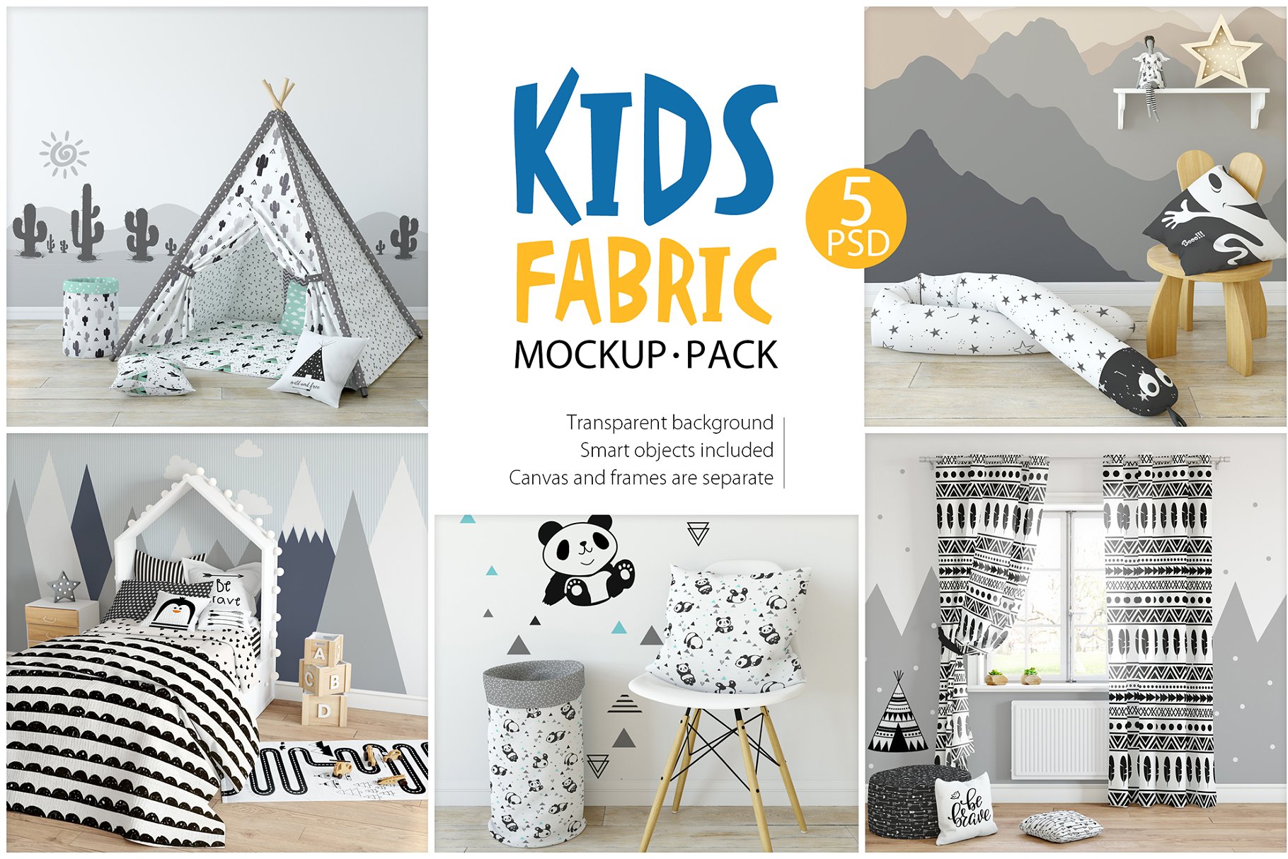 儿童室内织物样机模板 KIDS Interior Fabric Mockup Pack – 1插图