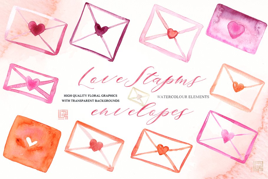 浪漫而温柔的爱情心形元素印章插画 Love stamps envelopes hearts clipart插图2