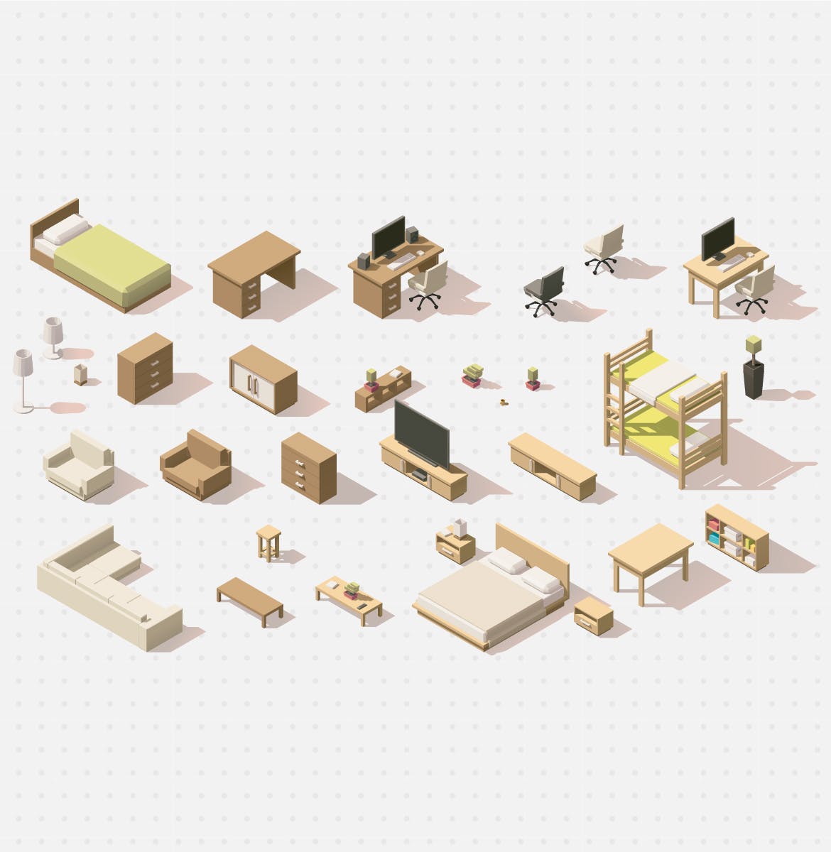 64个扁平设计风格家具等距场景插画素材 Furniture Isometric Flat Set插图1