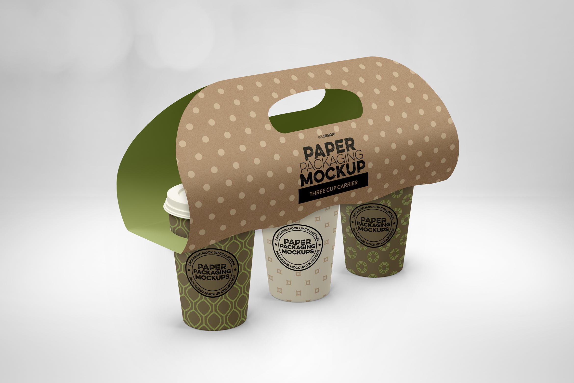 三个装纸杯饮料外带包装设计样机模板 Three Cup Paper Carrier Packaging Mockup插图