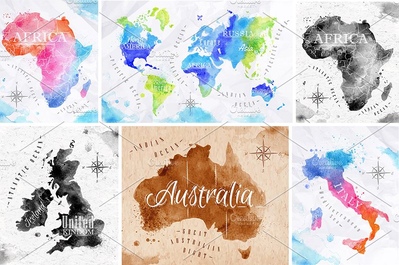 水彩世界地图矢量图形 Watercolor world map插图(1)