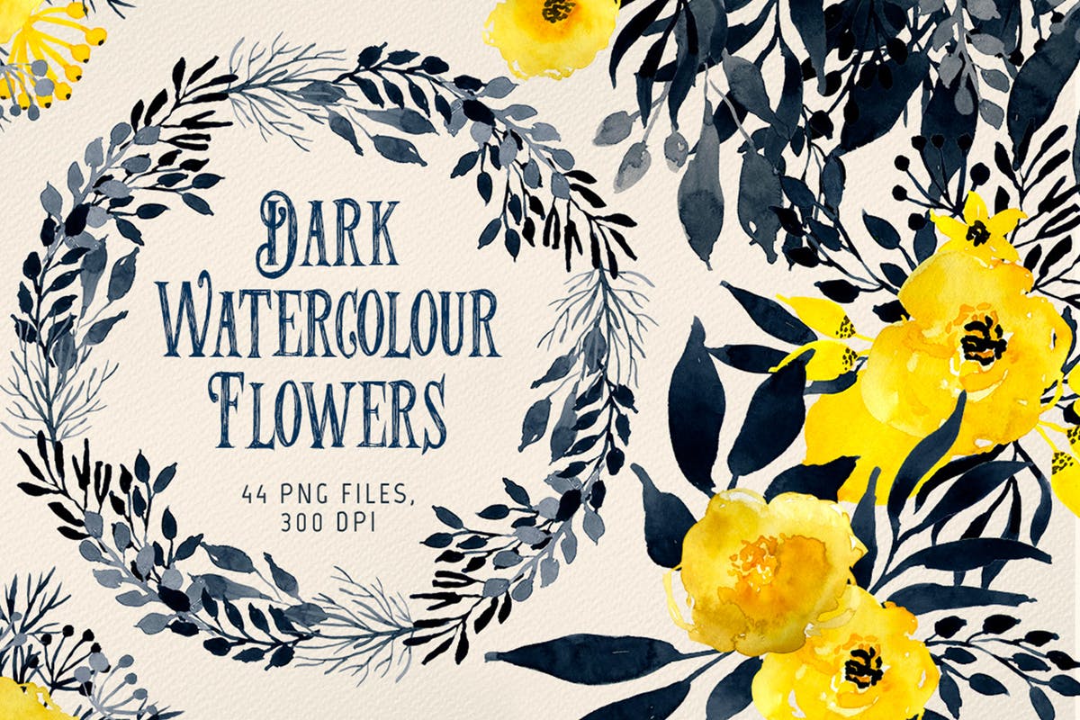 深色水彩花卉元素插画素材 Dark Watercolor Flowers插图