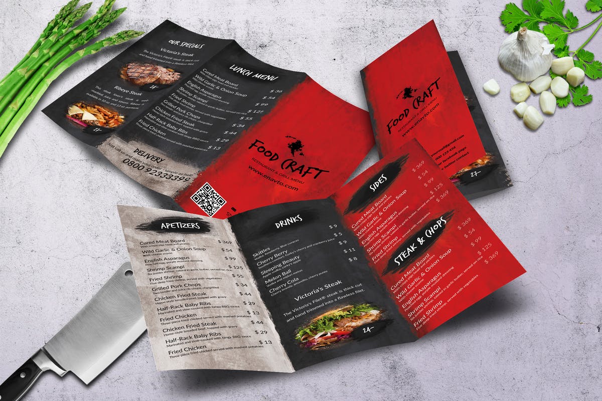 高级西餐厅食物菜单设计PSD模板 Craft Food Trifold A4 & US Letter Menu Design插图