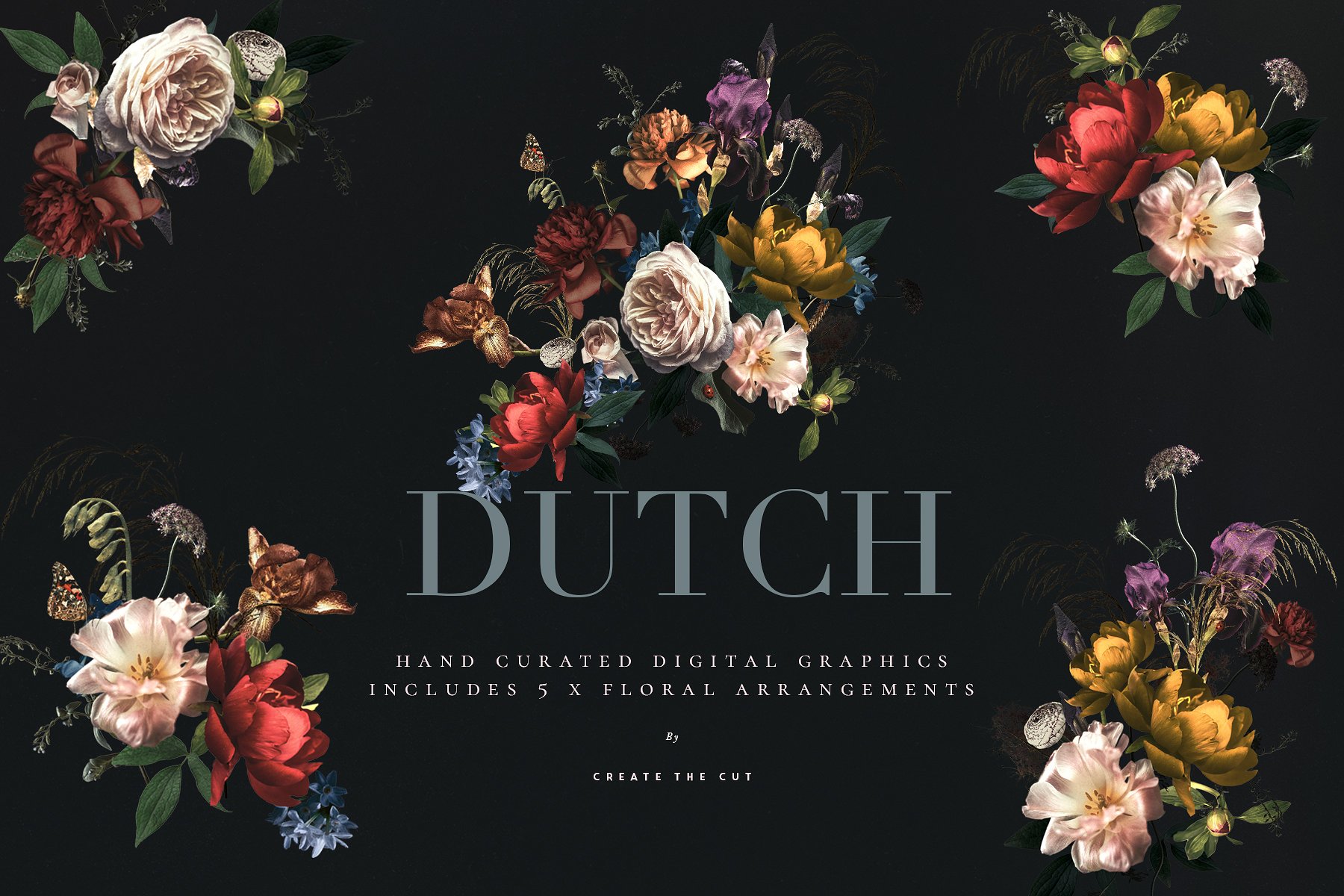 传统色彩荷兰花卉剪贴画 Vintage Floral Clip Art – Dutch插图(1)