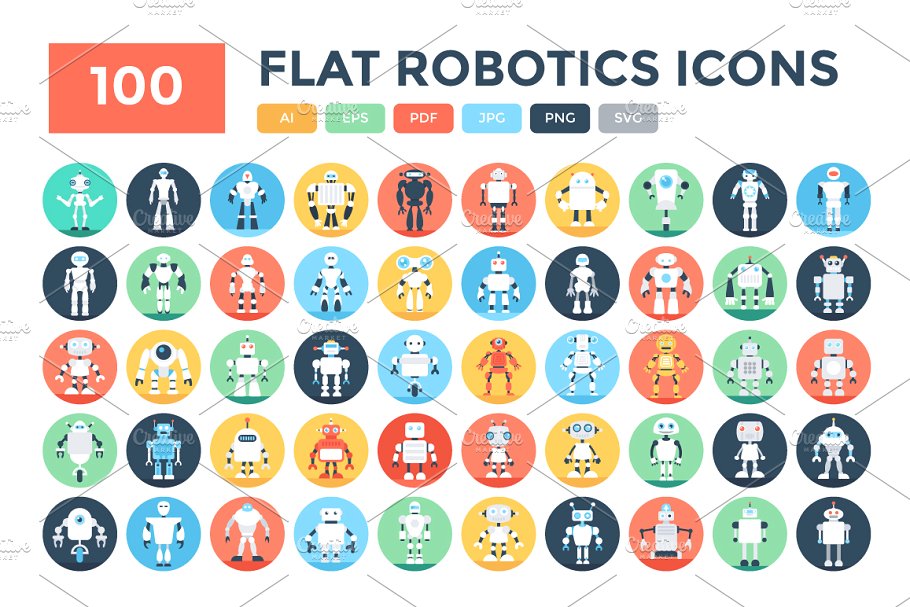 100枚扁平化设计机器人矢量图标 100 Flat Robotics Vector Icons插图