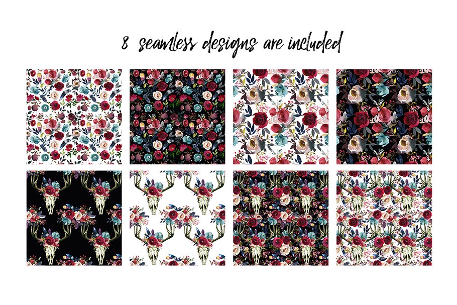 梅洛红&海军蓝水彩花卉设计素材包 Merlot & Navy Boho Floral Design Kit插图(11)