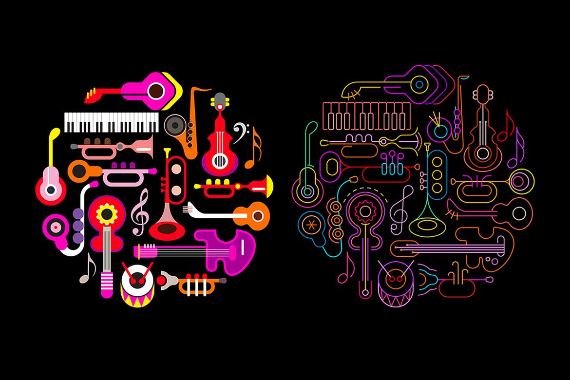 霓虹设计风格音乐乐器主题圆形矢量插画 Musical Instruments Neon round shape vector design插图