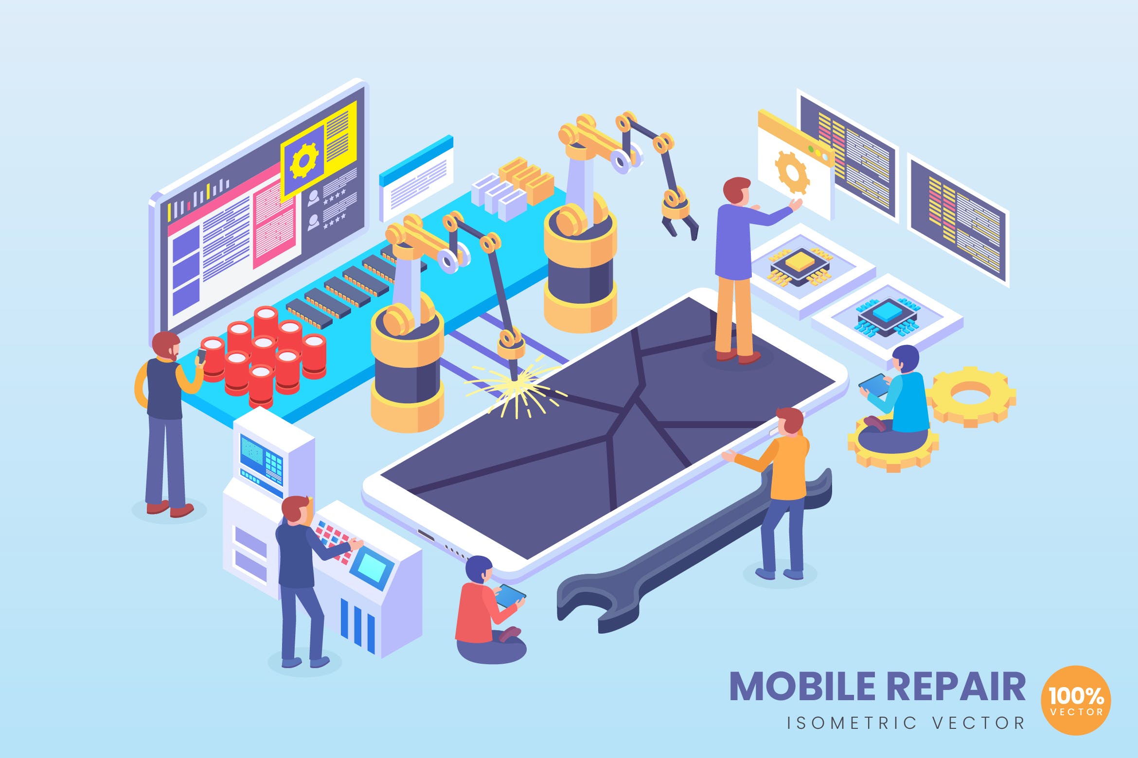 手机维修场景2.5D矢量等距概念插画 Isometric Mobile Phone Repair Vector Concept插图