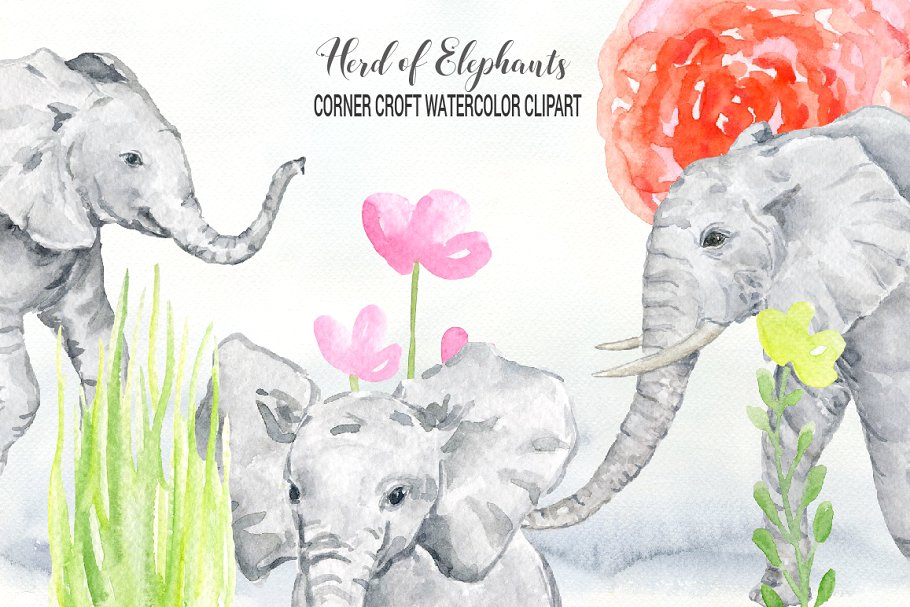 手绘灰白色大象插图 Watercolor Herd of Elephants插图3