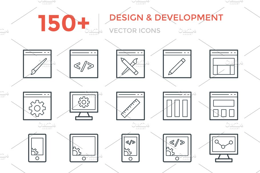 150+互联网技术开发＆软件设计极简线条图标 150+ Design and Development Icon插图