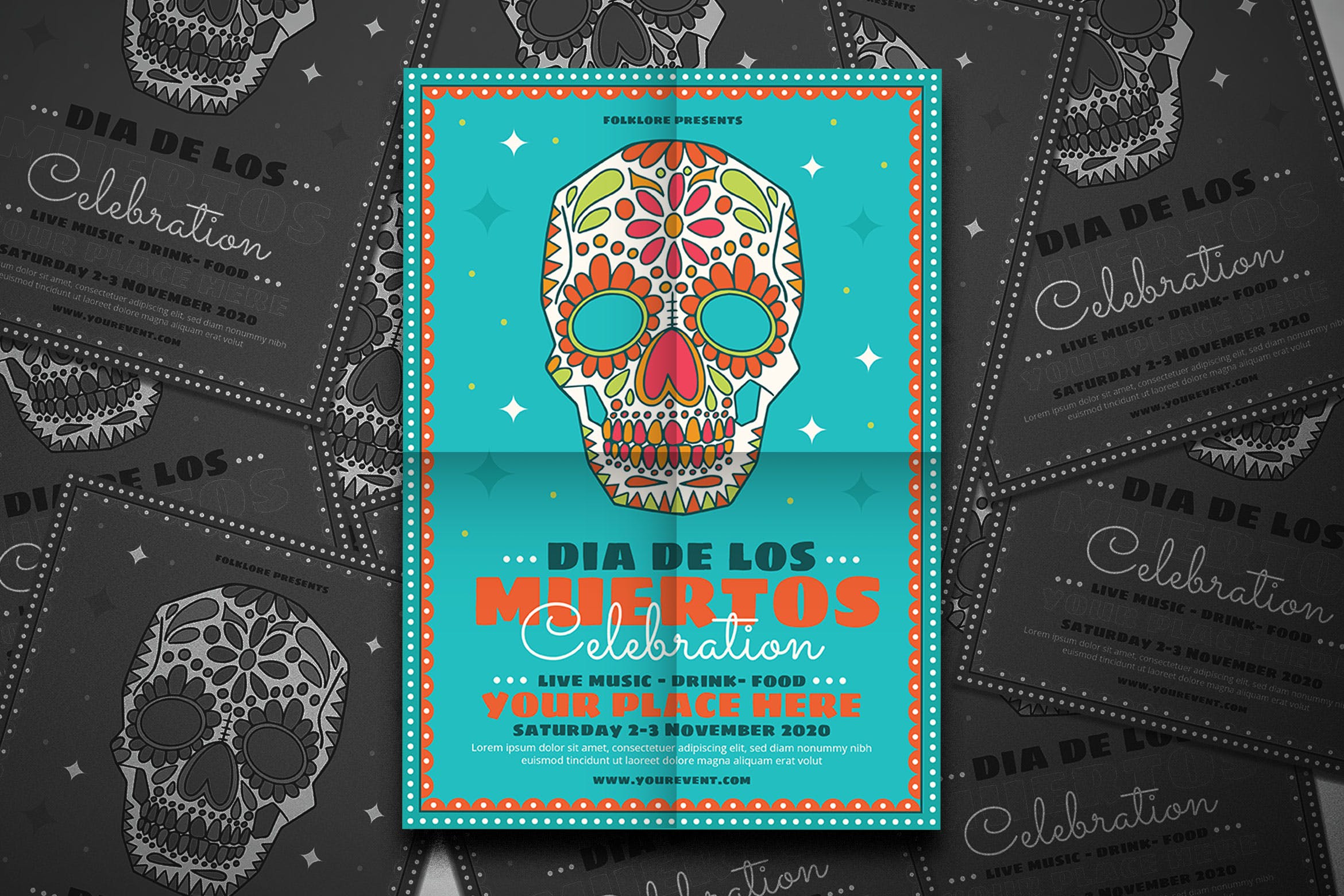 墨西哥亡灵节现场音乐会表演宣传海报设计模板 Dia De Los Muertos Festival插图